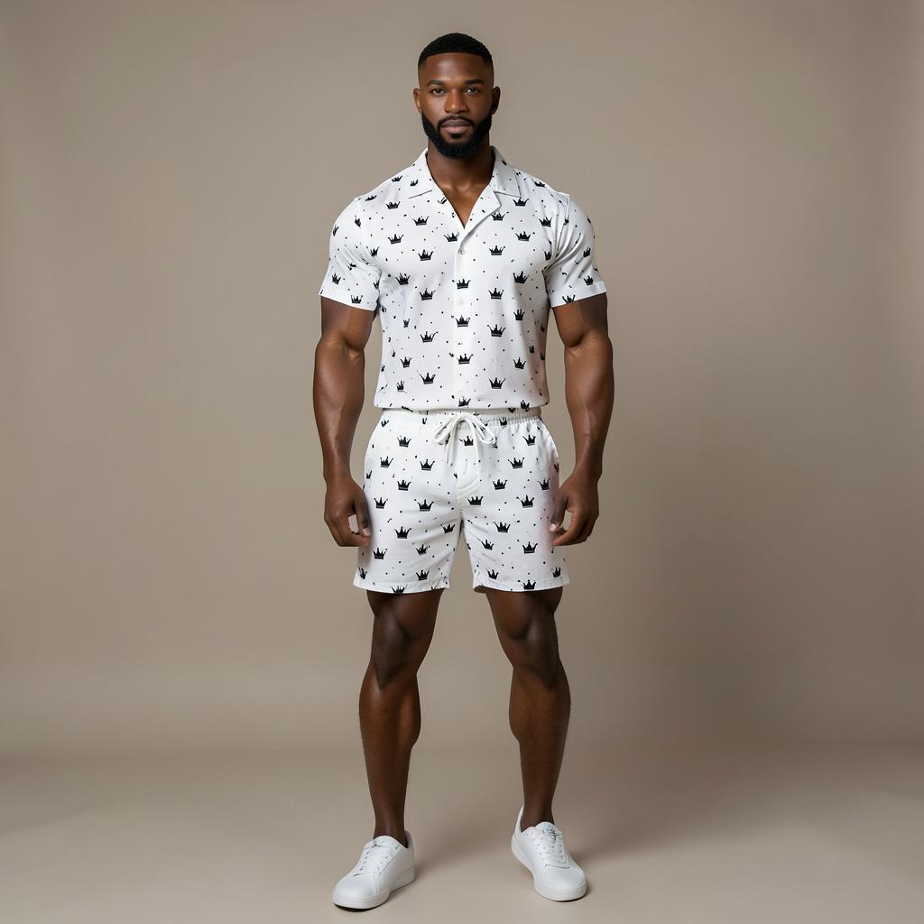 Model wearing the Nijays Couture white crown print shirt and matching shorts