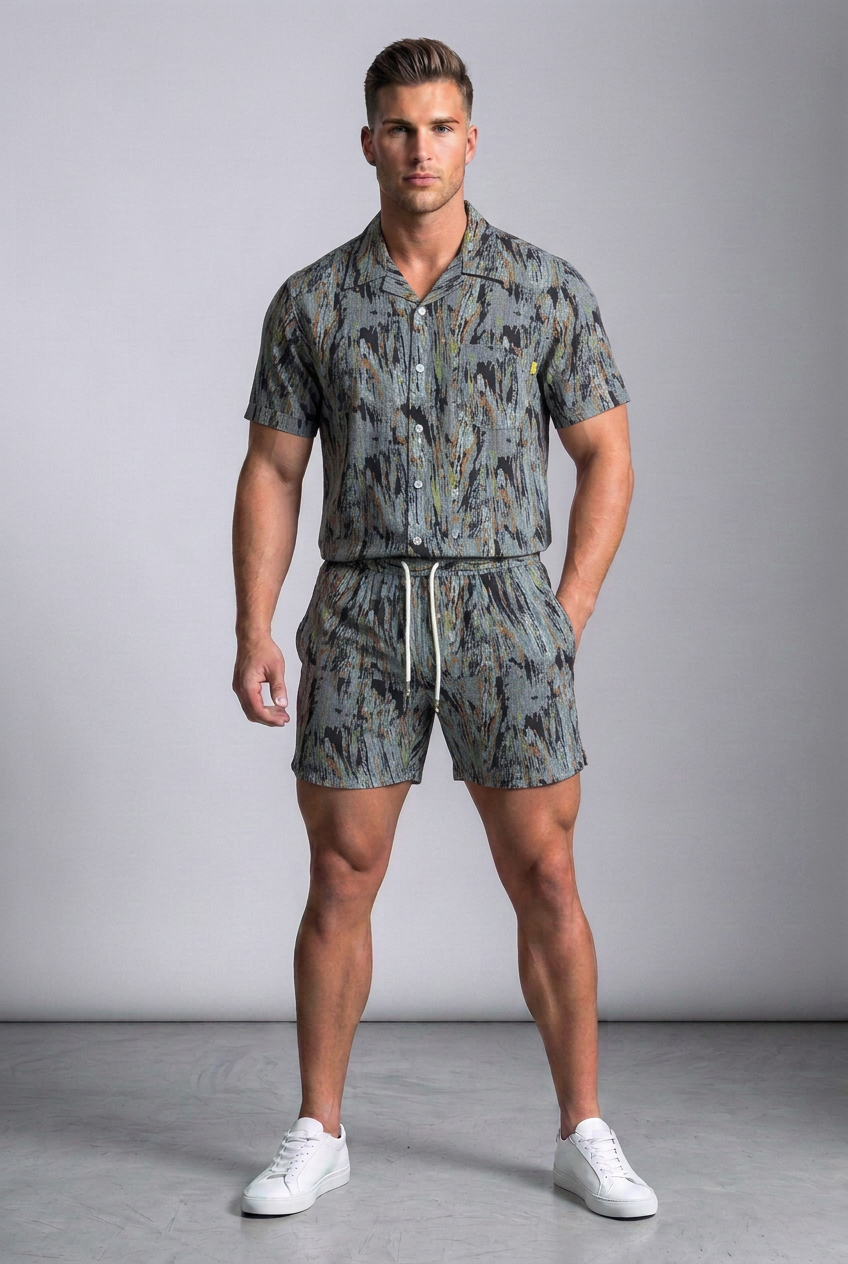 Model wearing the Nijays Couture grey brushstroke print shirt and matching shorts