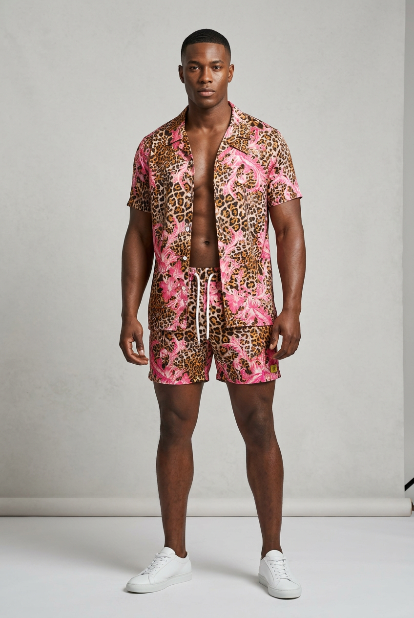 Model wearing the Nijays Couture leopard and pink baroque print shirt and matching shorts