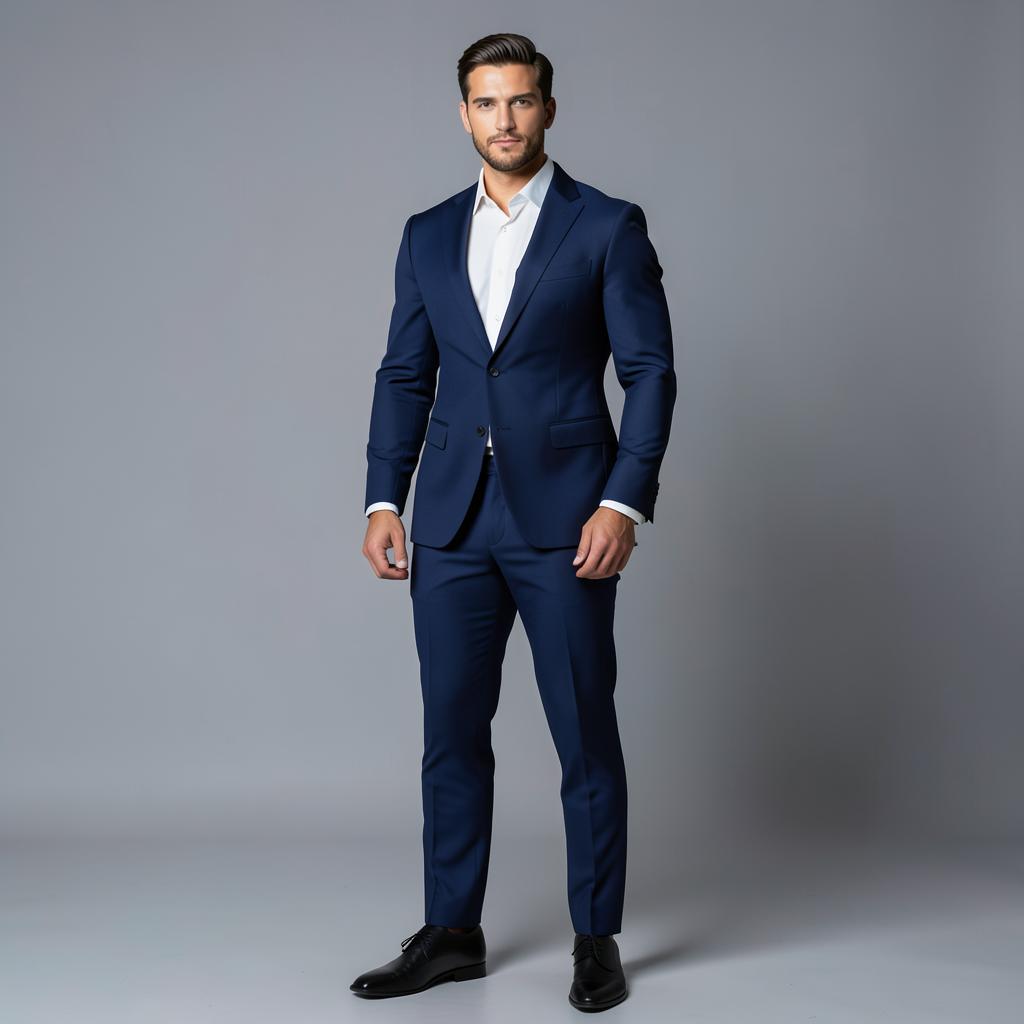 Model wearing a sharp navy business suit