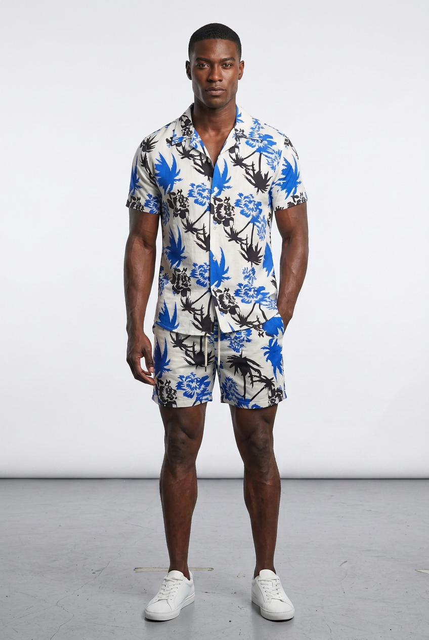 Model wearing a Nijays Couture blue floral shirt and shorts set