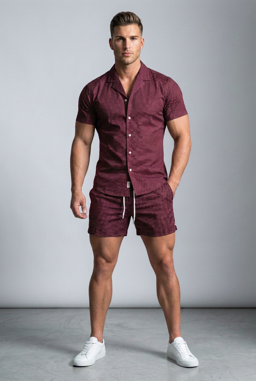 Model wearing a Nijays Couture burgundy polka-dot shirt and shorts set
