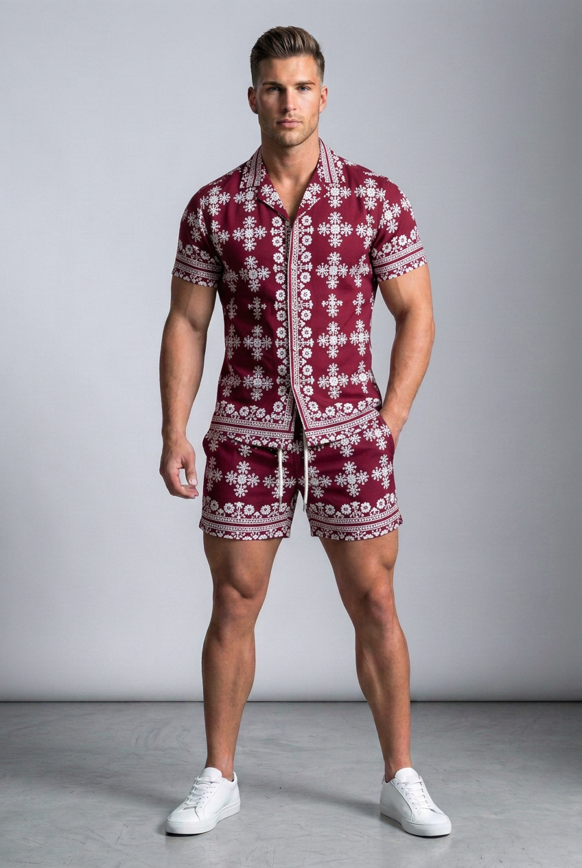 Model wearing the Nijays Couture burgundy snowflake print shirt and matching shorts