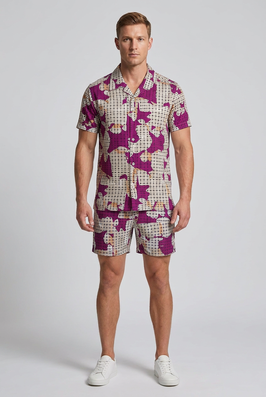 Model wearing the Nijays Couture magenta dash print shirt and matching shorts