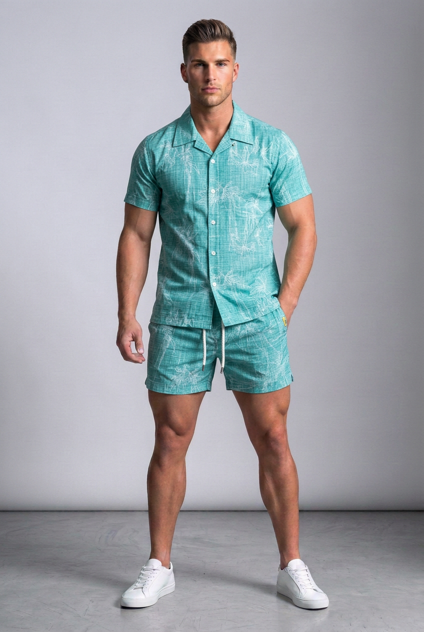 Model wearing the Nijays Couture teal palm print shirt and matching shorts