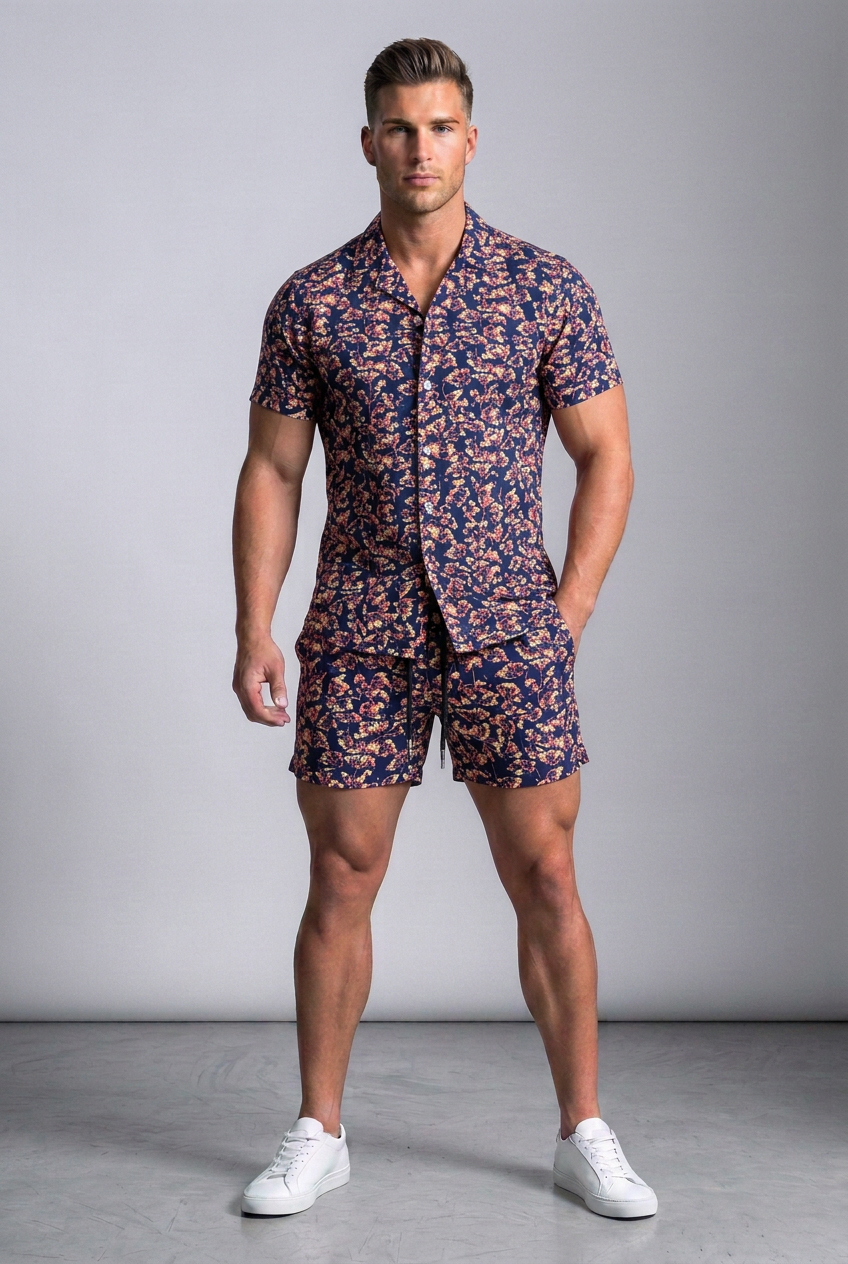 Model wearing the Nijays Couture navy pink floral print shirt and matching shorts