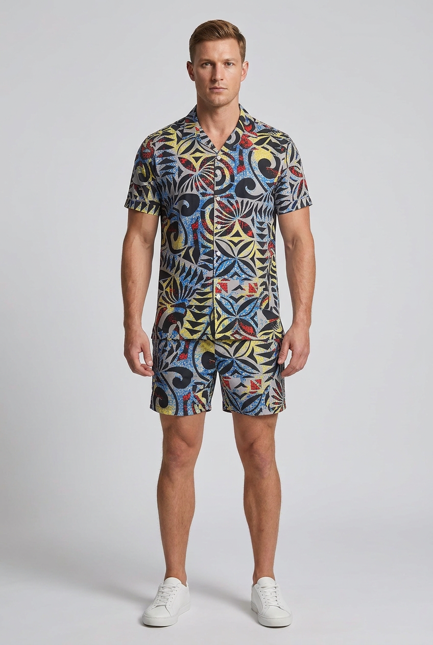 Model wearing the Nijays Couture multicolor abstract print shirt and matching shorts