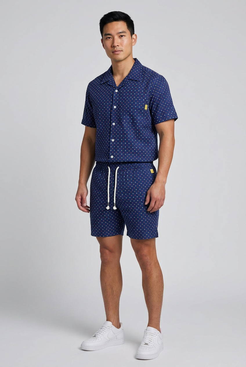 Model wearing the Nijays Couture navy red and white dotted shirt and matching shorts